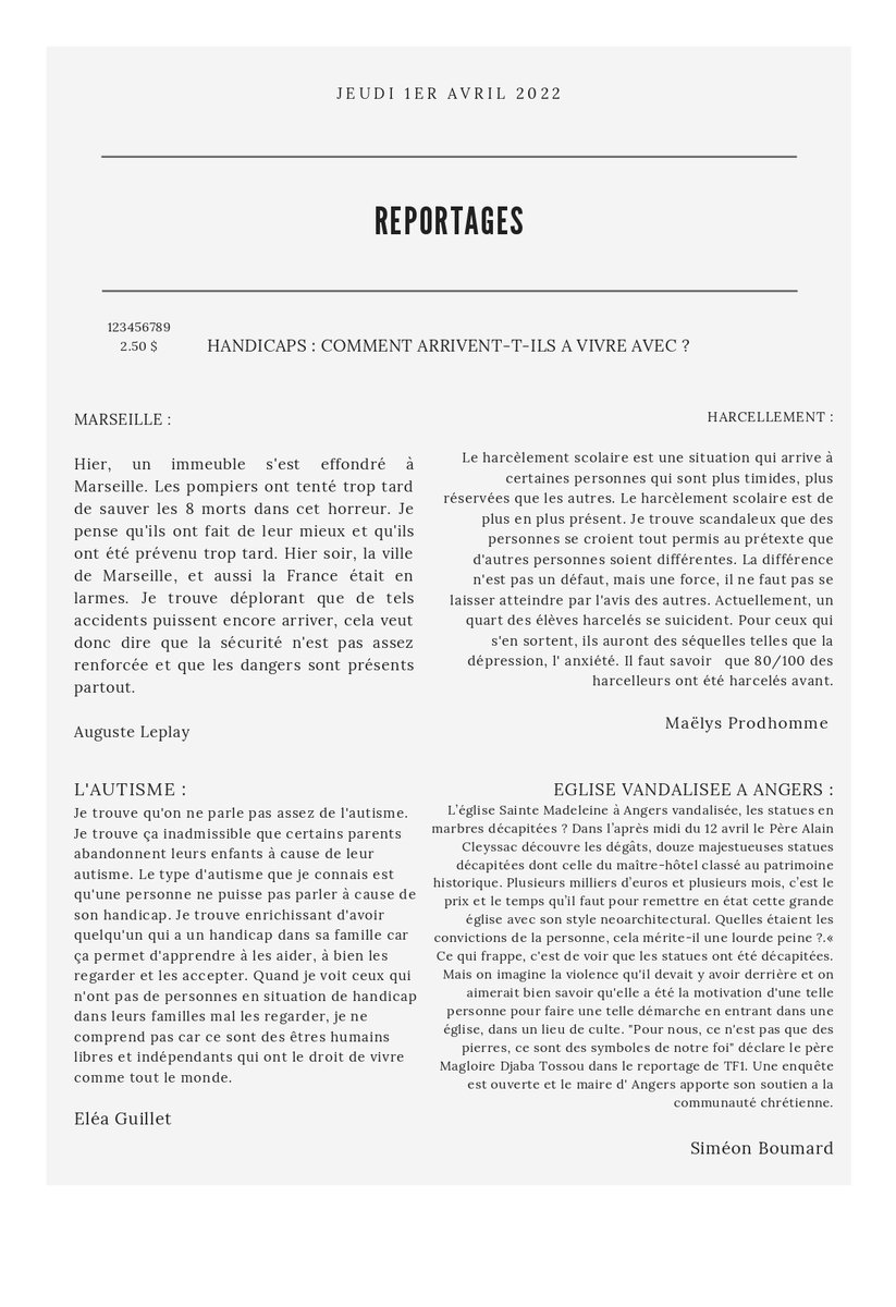 4eFantastiques's tweet photo. Auguste, Eléa, Maëlys, Siméon proposent dans leur journal " Le Nantais " un portrait de Théo Curin. 
#ThéoCurin #Handicaps #média #pédagogie https://t.co/r3QZTp7g5W