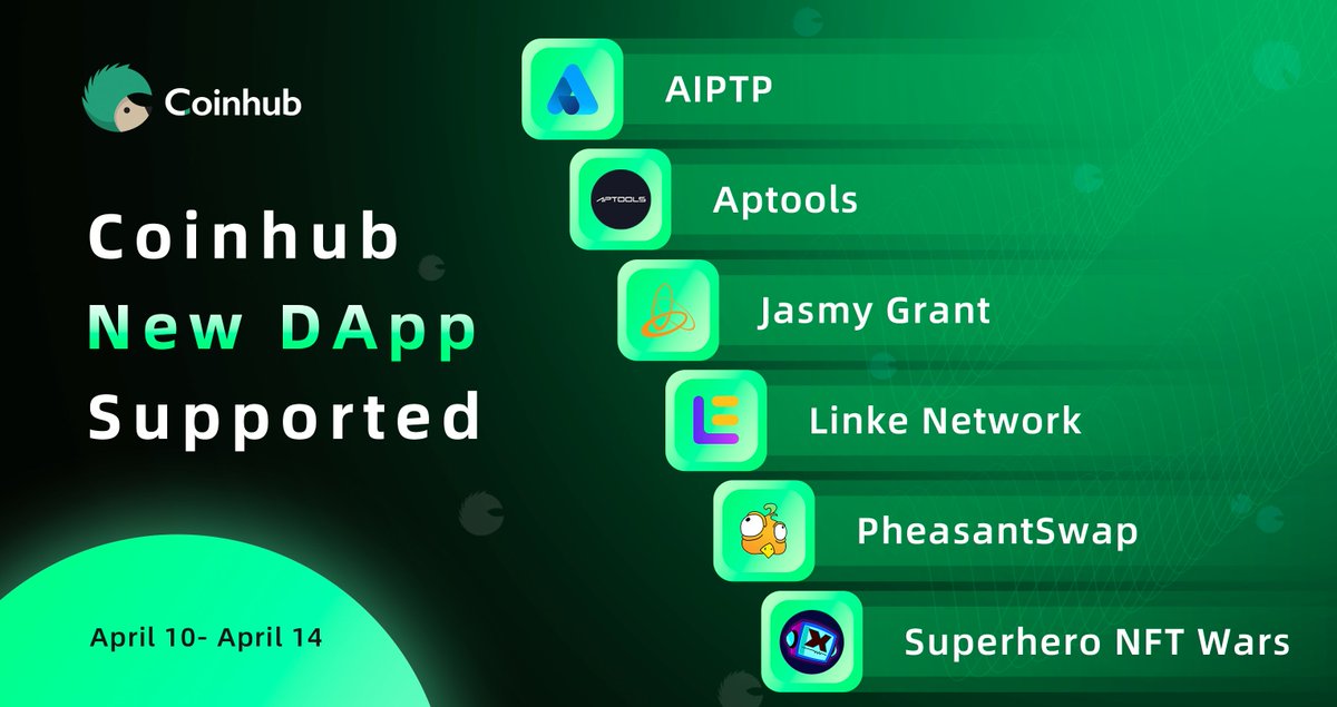 Coinhub_Wallet's tweet photo. Apr 10th - Apr 14th: New DApps listed on #Coinhub #CoinhubWallet , a user-friendly multi-chain wallet. 📷https://t.co/UTQO44oT6r
@PheasantSwap
@supernftwars
@LinkeNetwork
@JasmyGrant
@aiptpcom
@AptoolsExplorer
#NFT #Swap https://t.co/RWr23osXD9