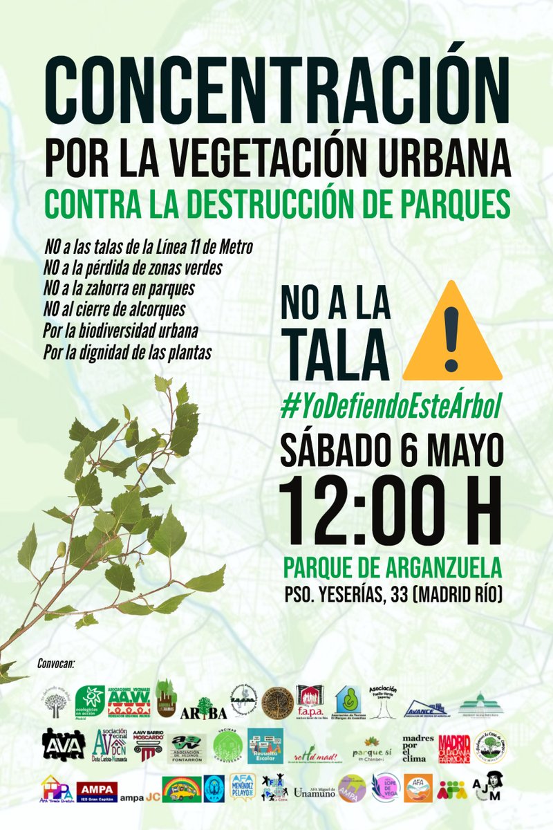 ⚠️Volvemos a la calle a gritar #NoALaTala y exigir un #MadridVerdeHabitable. 

🌳Únete a esta protesta masiva y reclama que cese el acoso sistemático del Ayuntamiento de <a href="/MADRID/">Ayuntamiento Madrid</a> a nuestros parques y arbolado.

#PorLaBiodiversidadUrbana 
#YoDefiendoEsteÁrbol