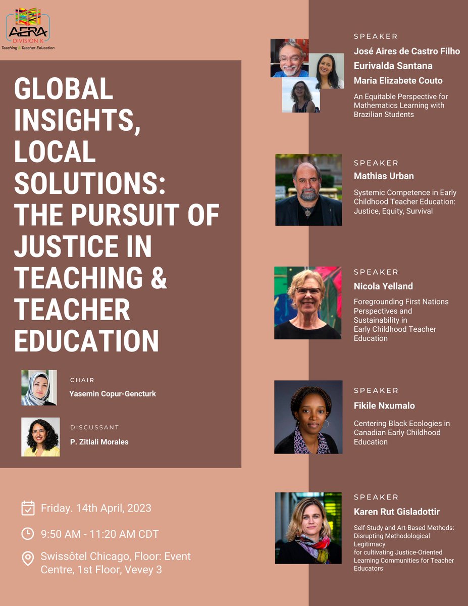 copur_gencturk's tweet photo. Join us this morning for our Vice Presidential session "Global Insights, Local Solutions: The Pursuit of Justice in Teaching & Teacher Education" 9:50 CT at the Swissotel. #AERA23 #AERA2023 #DivK #DivisionK https://t.co/Cn4mXcJTO7