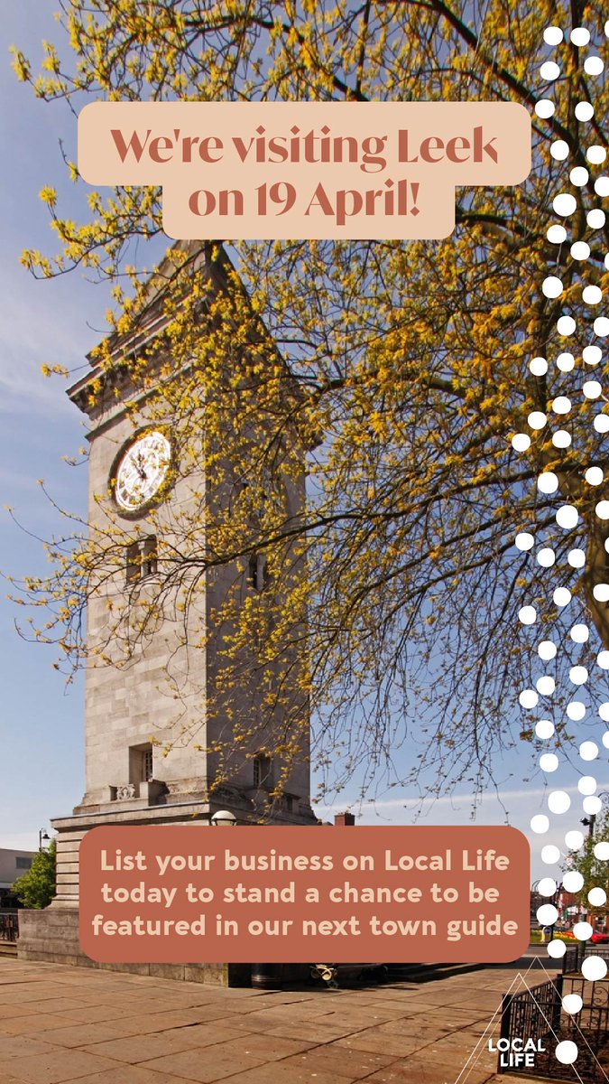 LocalLifeOnline's tweet photo. We're visiting Leek on the 19th April! 🙌👀

List your business today on Local Life to stand a chance to be featured in our next Town Guide.

Follow the link below... 

https://t.co/lYQTEihcrh

#LocalLife #Leek #supportsmallbusiness #LocalLifeOnline #Savethehighstreet https://t.co/689acYJ1gx