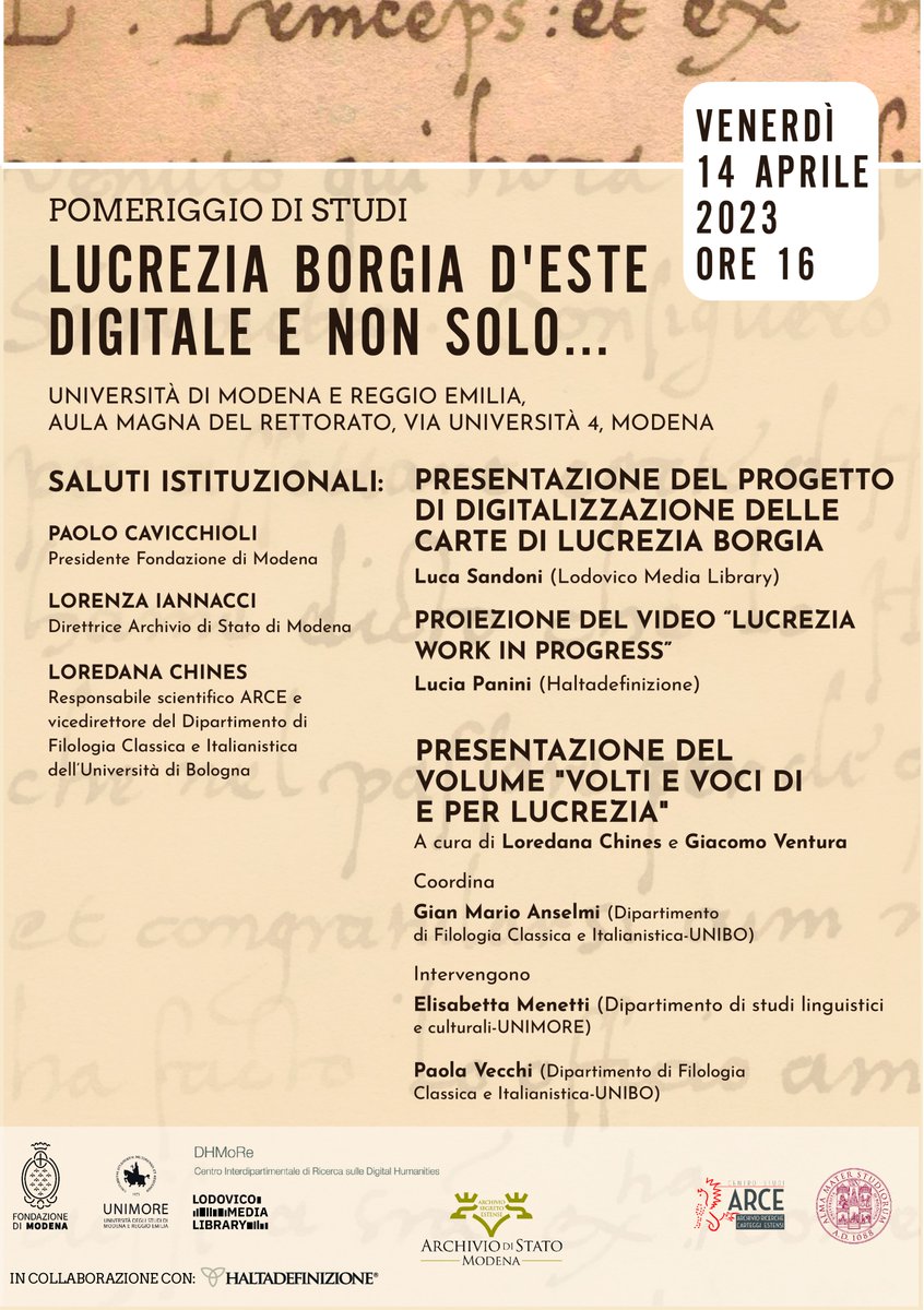 M_L_O_L's tweet photo. Pomeriggio di studi, oggi, all'Aula magna del Rettorato di Modena: “Lucrezia Borgia d'Este digitale e non solo...”. Un’iniziativa per presentare due fondamentali realizzazioni legate a Lucrezia, nell'ambito dei progetti per i cinque secoli dalla scomparsa della duchessa estense. https://t.co/wNDTtf7Vkh
