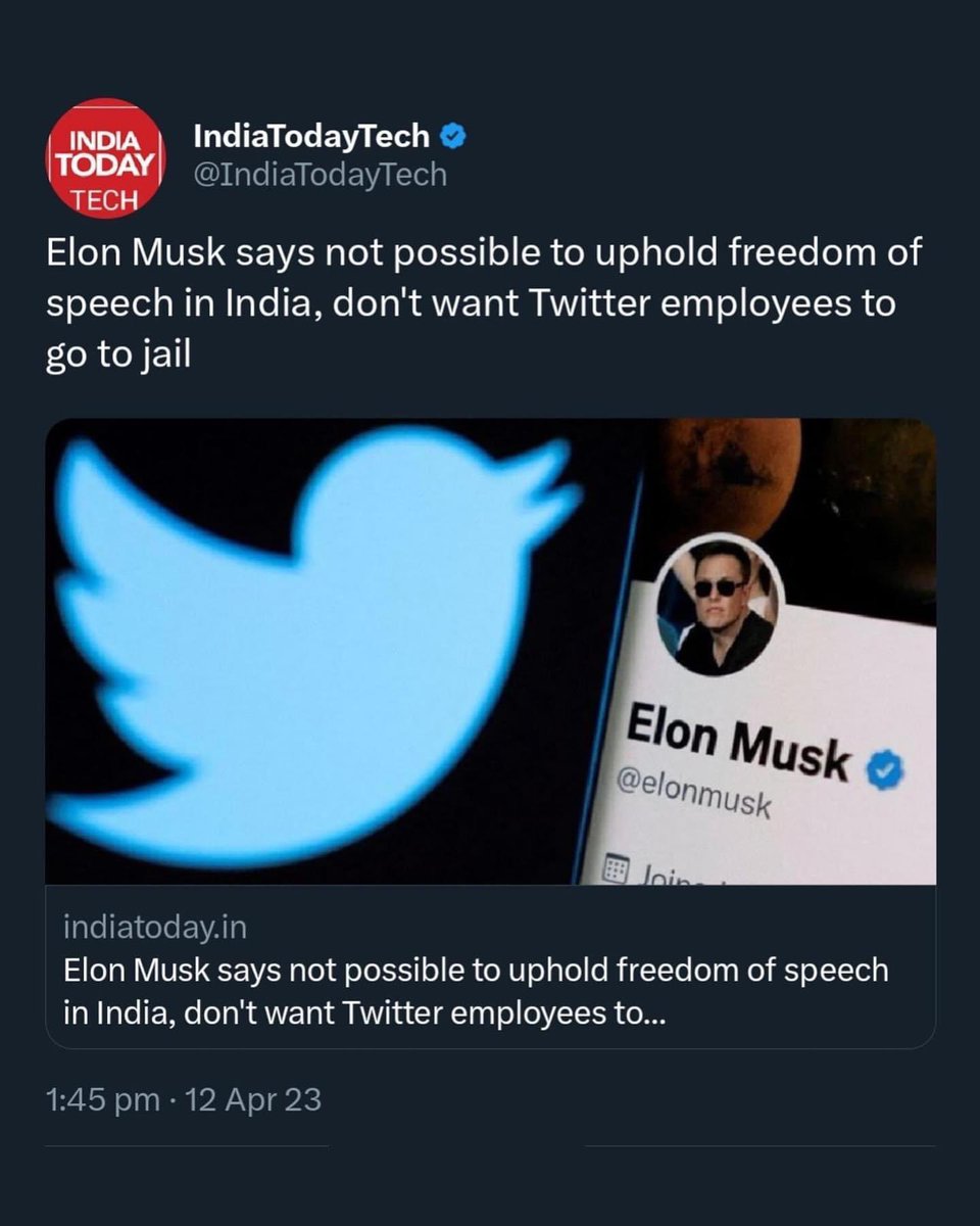 Meanwhile in the Mother of Democracy, even most powerful have to shut down voices and toe Govt's line because his employees are threatened of jail terms?

<a href="/elonmusk/">Elon Musk</a> must’ve realized by now that its easy to send humans to Mars than upholding freedom of speech in India.