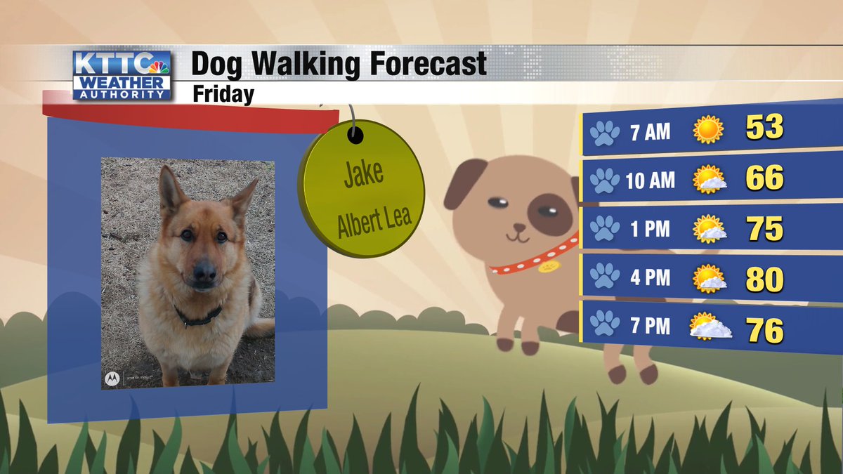 It looks like yet another great day for a dog walk or two! We'll enjoy sunny weather all day with a south breeze and high temps will be in the low 80s. #DogWalkingForecast #kttcwx #AlbertLeaMN