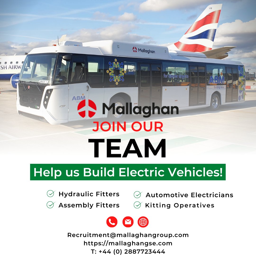 Join Our Team, Help us build an Electric future! 🔋🙌

We are currently hiring for a range of roles!

For more information please get in touch:

E: Recruitment@mallaghangroup.com
T: +44 (0) 2887723444
 
Or drop into our factory for a chat

The future is Electric, so are we!✔