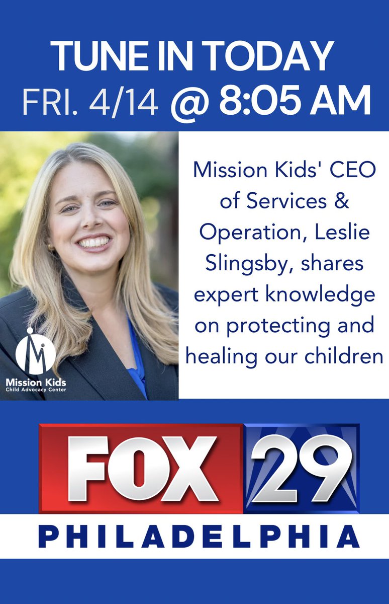 MissionKidsCAC's tweet photo. Tune in today LIVE at 8:05am to see our CEO share expert knowledge on @FOX29philly 🎥 https://t.co/jrmDwzZqFM