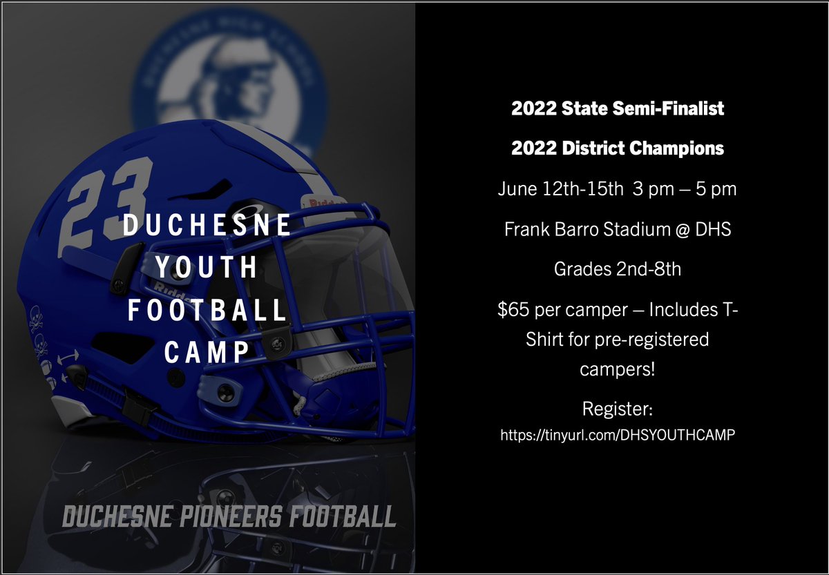 DHSPioneerFB's tweet photo. Come join the Duchesne Pioneer football team this summer! Spend the week learning from the defending State Semi-Finalist football players before they get ready for their camp! #TEAM https://t.co/vfvWVstgtK