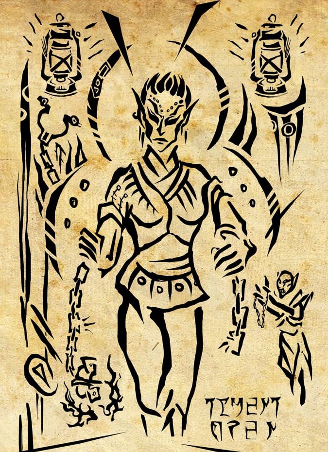daevath's tweet photo. Before drawing them, I tried to sketch Ilmeni Dren and st. Nerevar in the same style of Velothi frescoes - less successful, but I still love them https://t.co/KUpxV5cdNR