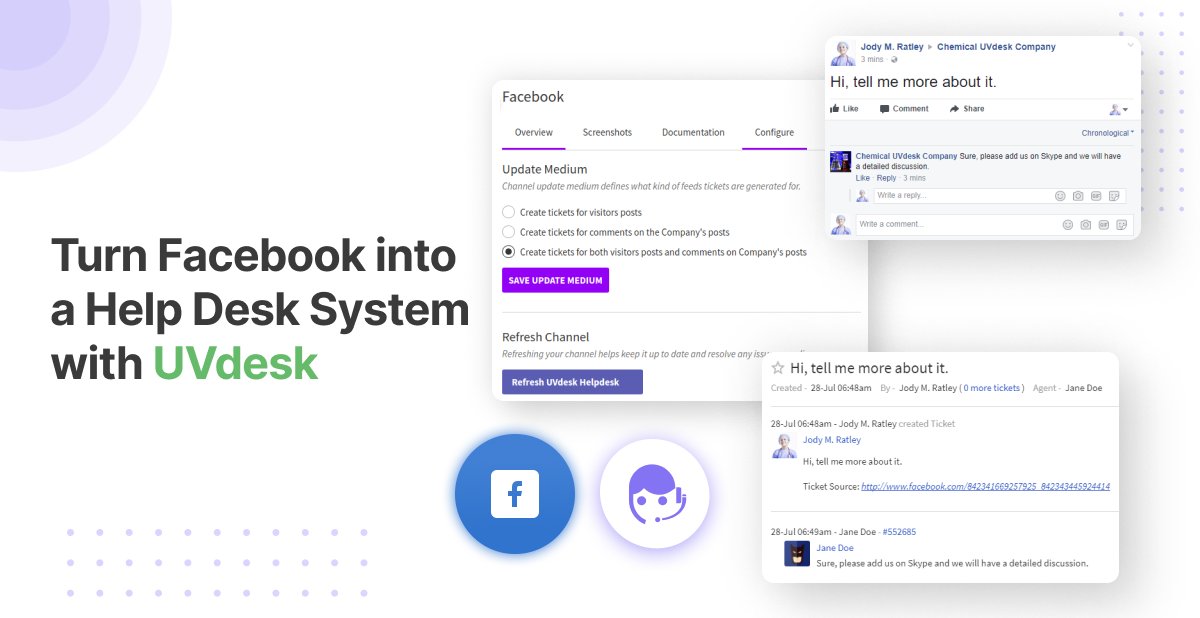 uvdesk's tweet photo. With the help of the UVdesk helpdesk ticketing system, you can turn your Facebook page into a helpdesk system and easily manage the queries and revert to them from UVdesk itself. #uvdesk #ticketingsystem #helpdesk 

Click here for more info: https://t.co/QmxWWKdgBv https://t.co/mUn7VWLURU