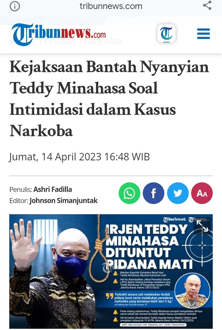 Duh raja narkoba ada ada aja, saking paniknya karna divonis mati, jadi makin kenceng nuduh sana sini🤪

<a href="/KejaksaanRI/">Kejaksaan RI</a> membantah nyayian Teddy Minahasa soal intimidasi dalam kasus narkoba.

Wujud supremasi hukum