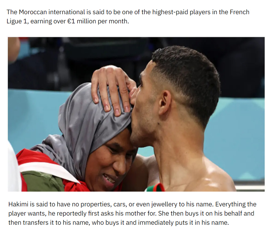 #achrafhakimi started dating #HibaAbouk when he was 19 and she was 31. He receives €1 Million per month bt 80% of this is deposited in his mother Sadia Mouth's account. He has no Property, Cars, Houses  or even Clothes in his name. Whatever he wants, his mother buys fr him