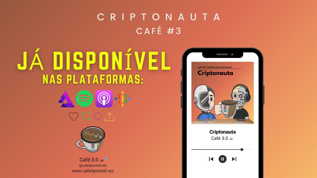 0xmrjo's tweet image. Um café que fizemos no @cafe3ponto0 já algum tempo, mas que pessoalmente adorei e que vou partilhar mais uma vez para tomarem connosco este ☕️ com @hespanha_victor o nosso #criptonauta para conhecerem a sua história e opiniões 👨‍🚀🚀
Plataformas disponíveis: ⬇️