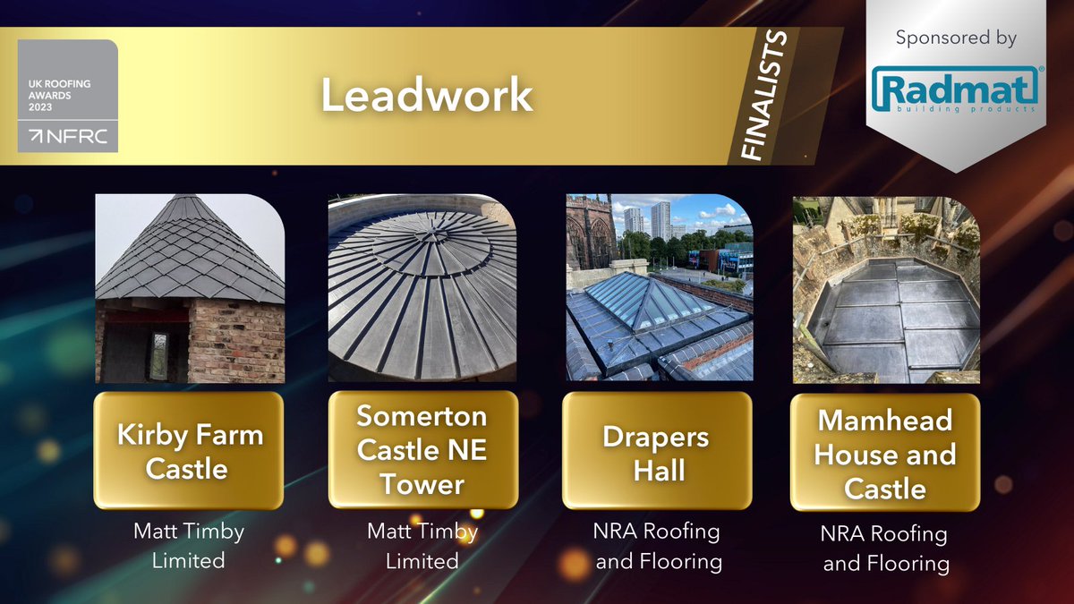Good luck to all those up for an award in the Leadwork category sponsored by <a href="/RadmatOfficial/">Radmat Official</a> in the #RoofingAwards2023
 
⭐<a href="/TimbyRoofing/">Matt Timby Roofing</a> 
⭐<a href="/NRA_Roofing_LTD/">NRA Roofing</a> 

#RA2023 #Radmatofficial