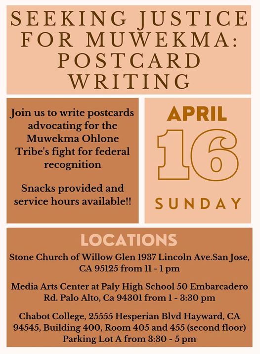 MuwekmaTribe's tweet photo. Join us in advocating for the Muwekma Ohlone Tribe's fight for federal recognition! Write postcards with us and enjoy some snacks. Service hours available.
#MuwekmaOhloneTribe #FederalRecognition #Advocacy #PostcardWriting #CommunityService #SanJoseEvents #PaloAltoEvents https://t.co/ciI2c6aamS