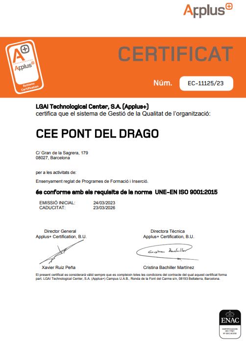 PontdelDrago's tweet photo. El CEE Pont del Dragó hem assolit la certificació ISO; 9001. Estem orgullosos de la tasca de tot l'equip i volem donar les gràcies a tot els ens han donat el seu suport! @pqimc @consorciedubcn @pfi_edu https://t.co/HdURewBQDk