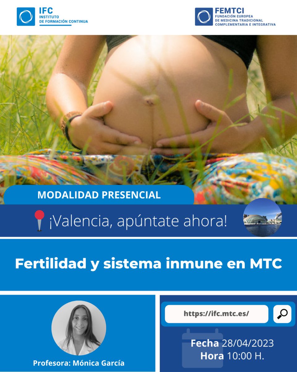 📍VALENCIA | Fertilidad y sistema inmune en MTC PRESENCIAL EN VALENCIA

🗓️ 28 de abril 2023
➡️ Inscríbete ahora: ifc.mtc.es/cursos/fertili…

#mtc #femtci #salud #terapianatural #medicinachina #ventosas #acupuntura #terapiasnaturales #naturopatia #osteopatia #fertilidad #estudios