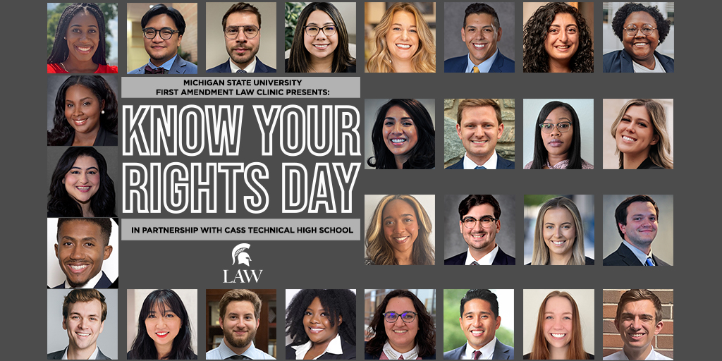 MSULaw's tweet photo. Today, MSU Law student volunteers are at Cass Technical High School in Detroit for "Know Your Rights Day".  This marks the third year MSU Law has held this workshop to teach high school students about their Fourth Amendment rights when dealing with law enforcement. https://t.co/jP1j8Wtqgj