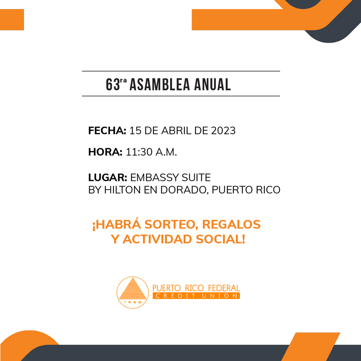 prfcu's tweet photo. ¡No te lo pierdas! Nuestra Asamblea Anual es mañana sábado, 15 de abril de 2023 a las 11:30 a.m. en el Embassy Suite by Hilton en Dorado, Puerto Rico.

El anuario 2023 ya está disponible. Para ver el anuario accede a https://t.co/SQyJjaosuQ.

¡Los esperamos mañana! https://t.co/0CLPpvj8YZ