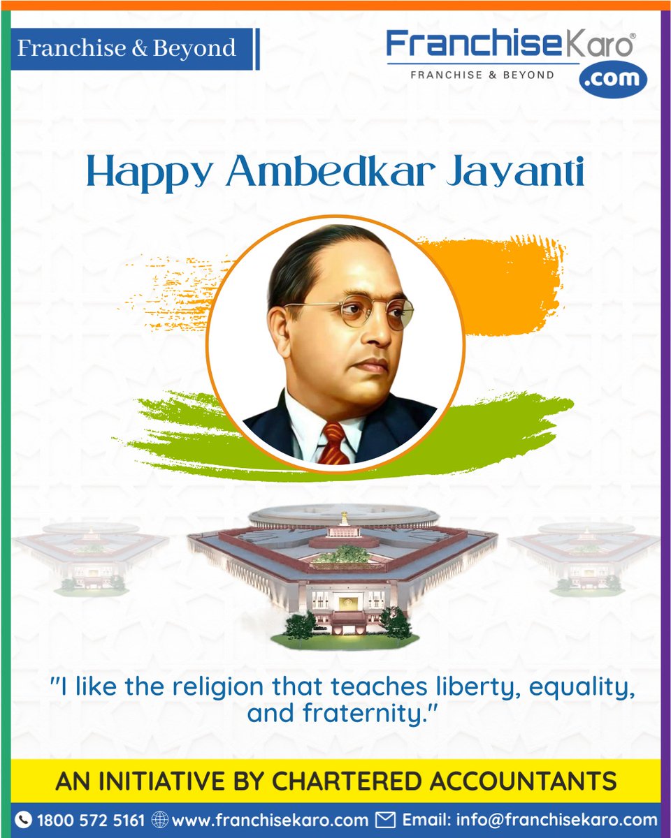 FranchiseKaro1's tweet photo. Happy Ambedkar Jayanti to all!
Dr. Ambedkar's teachings on democracy, social justice, and human rights continue to inspire generations of people, and his contributions to the nation will always be remembered. 

#AmbedkarJayanti #SocialJustice #Equality #Democracy https://t.co/YKEGfG76y5