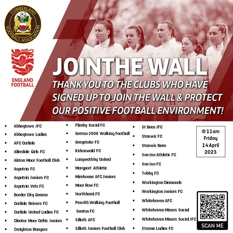 CumberlandFA's tweet photo. JOIN THE WALL | Thank you to all clubs who have signed up to our #JoinTheWall initiative so far! 🙌 

Want to help protect our positive football environment? 🫵 

Sign our commitment today ⬇️ 

https://t.co/X83VzBxLai https://t.co/gE2GOYaOg9