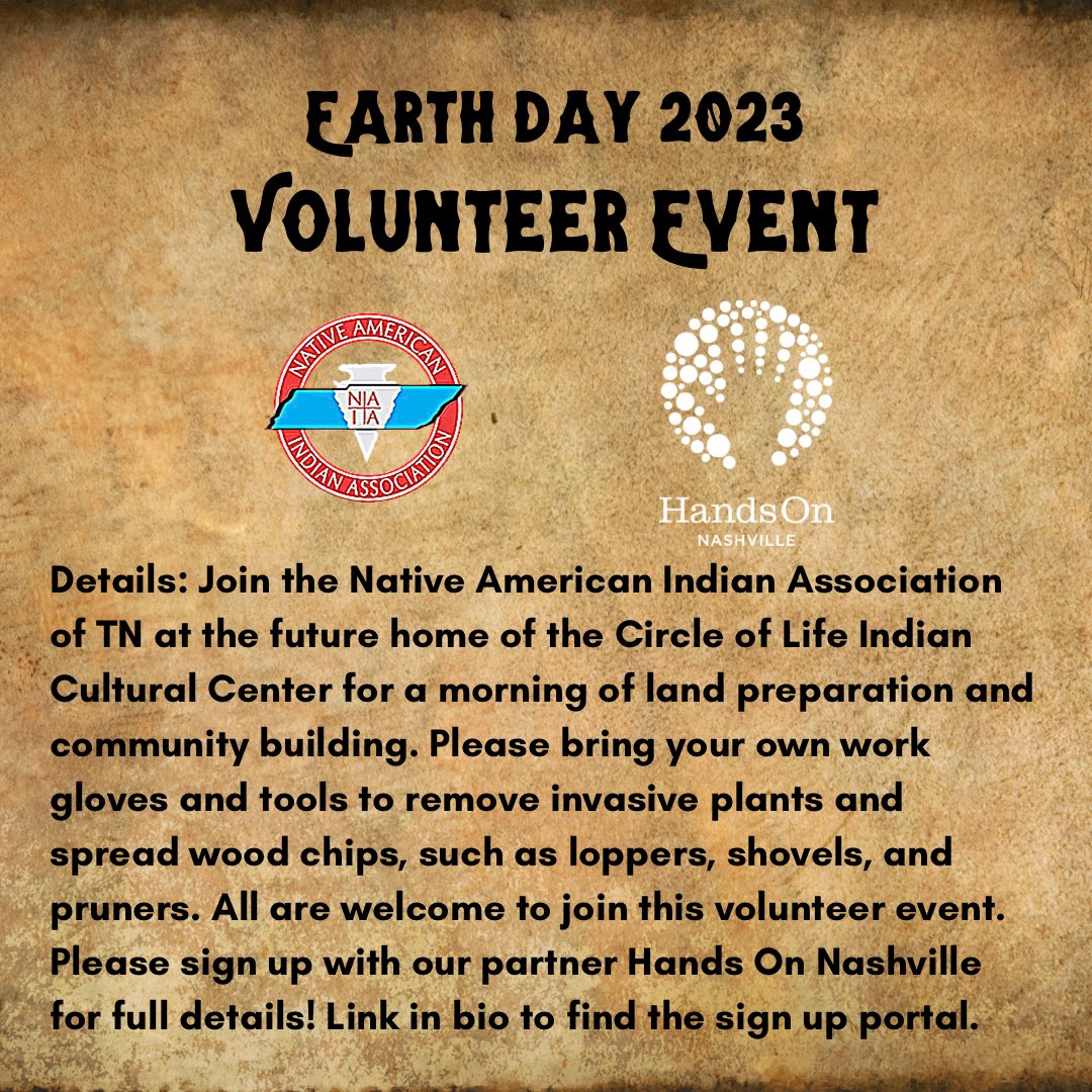 naiatn's tweet photo. 🌎Earth Day Work Day🌎

You are invited to join us on the grounds of the future Circle of Life Indian Cultural Center on April 22 from 9:00-12:00. Link in our bio to sign up 🪶

https://t.co/yj6TqFP6j0

#naiatn #nativetn #indigenous #nativeamerican #earthday2023 #circleoflife https://t.co/q0UEg8dlRn