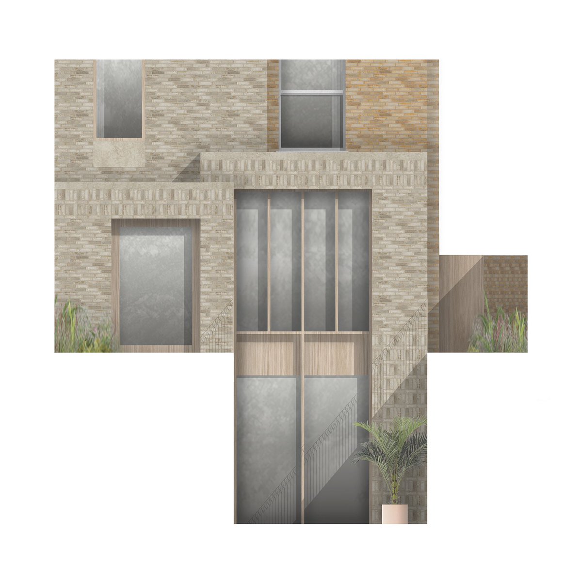 Collage elevation study exploring the reworking of an existing London townhouse to include a replacement rear extension and basement, which we will shortly be submitting for planning.