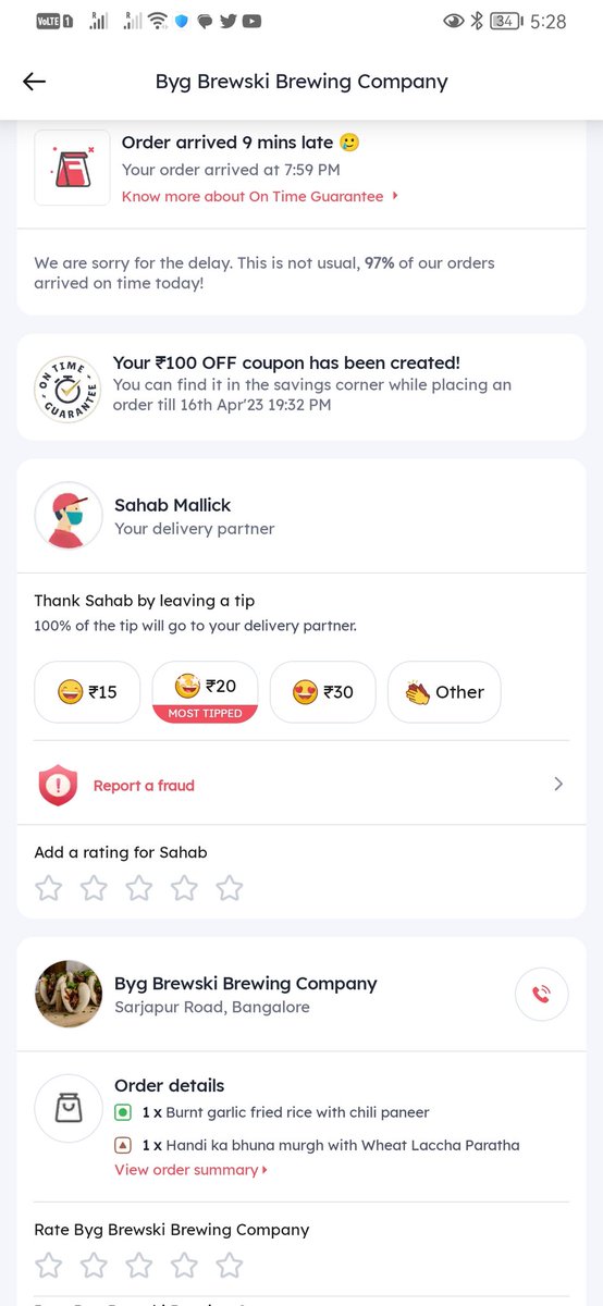 saniletx's tweet photo. @zomatocare hi, my order was delayed yesterday and i didnt receive the full order amount as the coupon, only received Rs.100 coupon. On policy its mentioned as 100%  order amount coupon will be issued as a coupon. Why there is this discrepancy? https://t.co/j5LtRQsTPW