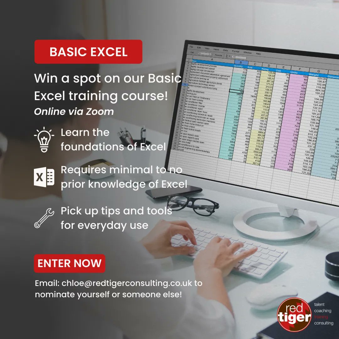 redtigerconsult's tweet image. We're offering 3 complimentary places on our Basic Excel course on Thursday the 27th of April! Email chloe@redtigerconsulting.co.uk to nominate yourself or someone else who could benefit from this course. Deadline to enter is 21/04/23. #BasicExcel #ExcelSkills #LearnExcel