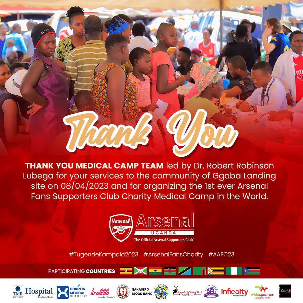 Appreciation tweet to our medical team led by @DrLubegaRobert
@AlexByakatonda1 @faith_nabushawo @byamugishajose @DadyeIvan @Docmugarichard2 @omuhiinda1 @DrGavJoe #TugendeKampala2023
#AAFF2023 #ArsenalFansCulturalExchange #ArsenalFansCharity