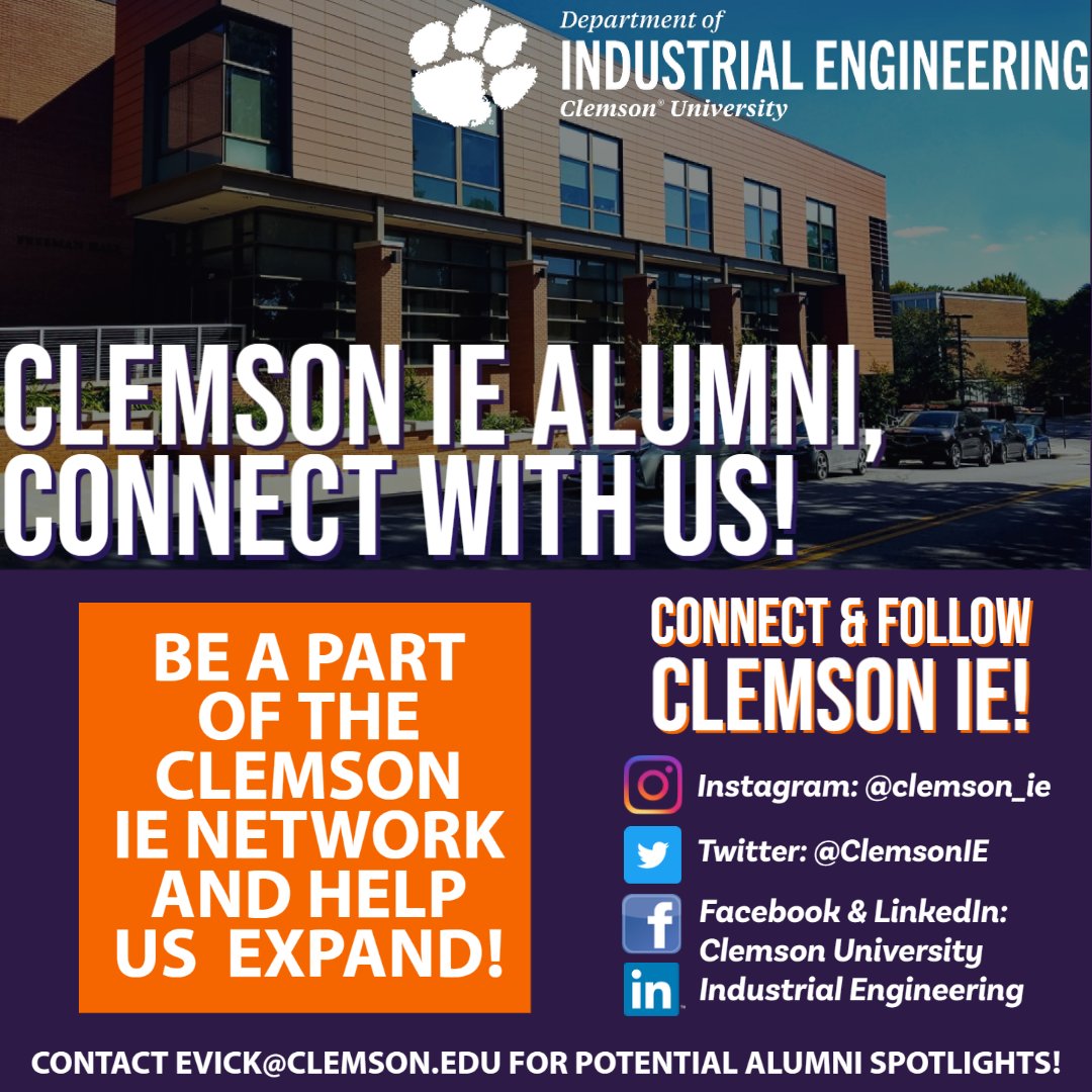 ClemsonIE's tweet photo. To all of our @ClemsonAlumni in IE, please consider connecting with our social media networks across the board, so that you can stay up to date on all of the work our department is doing to enhance the program!

Please contact evick@clemson.edu with any questions! https://t.co/s2KhhBeaSb