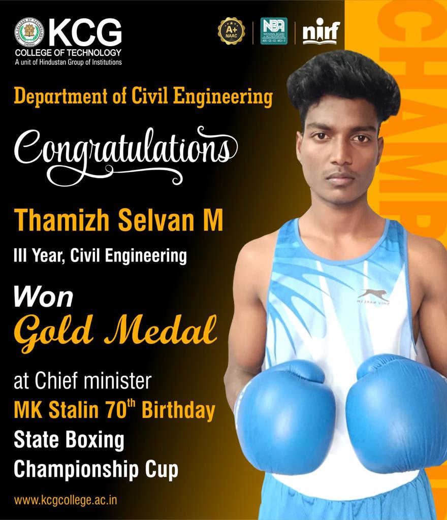 kcgcivil's tweet photo. Congratulations...
Our III year Civil engineering Student Tamizh Selvan  got Gold Medal at Chief Minister M K Stalin 70th Birthday State Boxing Championship cup...
Wishes from @KCGtechnology 

#KCGCollegeofTech #CivilEngineering #Sports #Boxing #GoldMedal https://t.co/Kyw5sKXN6T