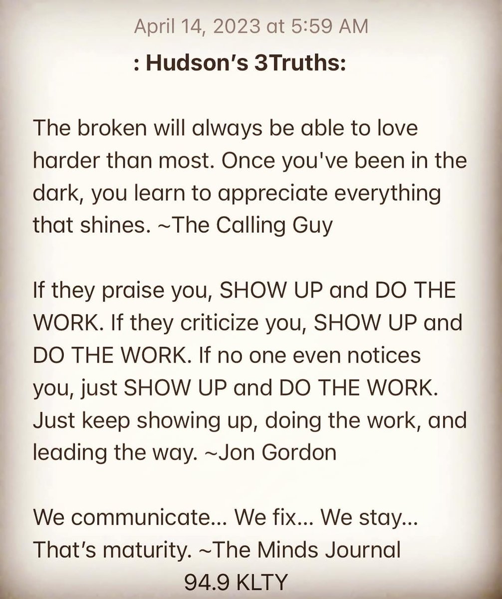 949KLTY's tweet photo. #3Truths from @HudsonIsHere on your Friday! 🥳 Tune into @KltyMornings on 94.9 #KLTY for more #inspiration ➡️ https://t.co/V2qPkN55NI 🎉 #brokenpeople #showupdothework #maturity #KLTY #LiftYourSpirits #TeamKLTY https://t.co/u4rYRpHCeI