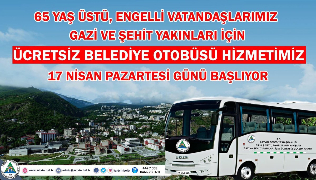 Değerli Hemşehrilerimiz; 17 Nisan Pazartesi Günü 📌65 Yaş Üstü, 📌Engelli Vatandaşlarımız 📌Gazi 📌Şehit Yakınları için Ücretsiz Belediye Otobüsü Hizmetimiz Başlıyor…