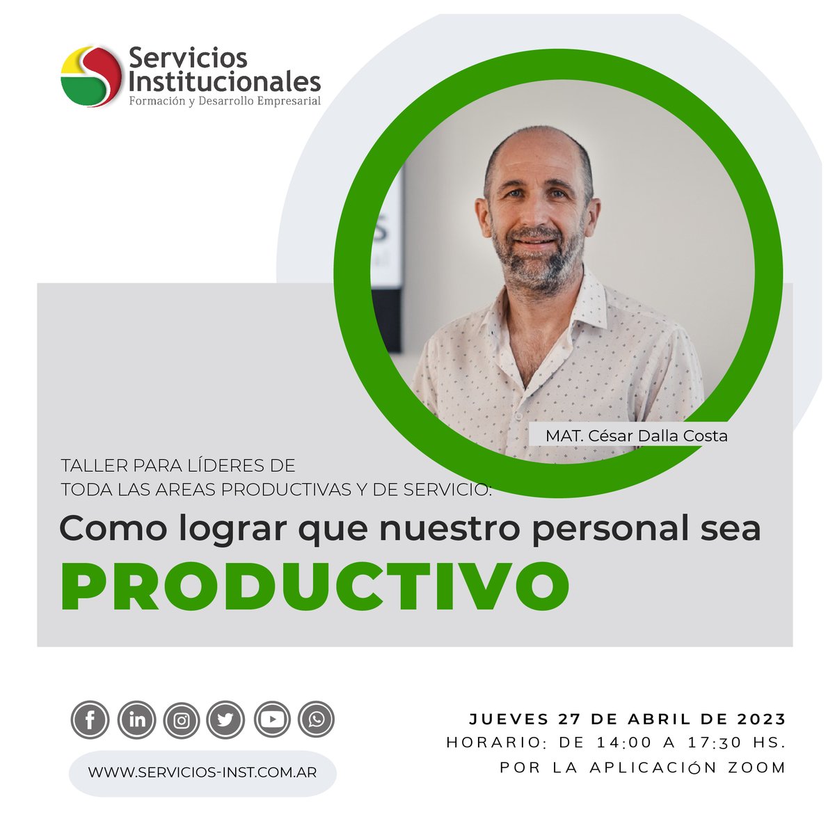 ServiciosInst's tweet photo. TALLER
Jueves 27 de Abril
Como lograr que nuestro personal sea PRODUCTIVO
MAT. César Dalla Costa

Inscripción
info@servicios-inst.com.ar
WS + 54 9 351 340-9149
https://t.co/XNjUmRBkl7

#Gestión #Liderazgo #Alimentos #Calidad #Productividad #Distribucion #ServiciosInstitucionales https://t.co/dZwBgjuUYH