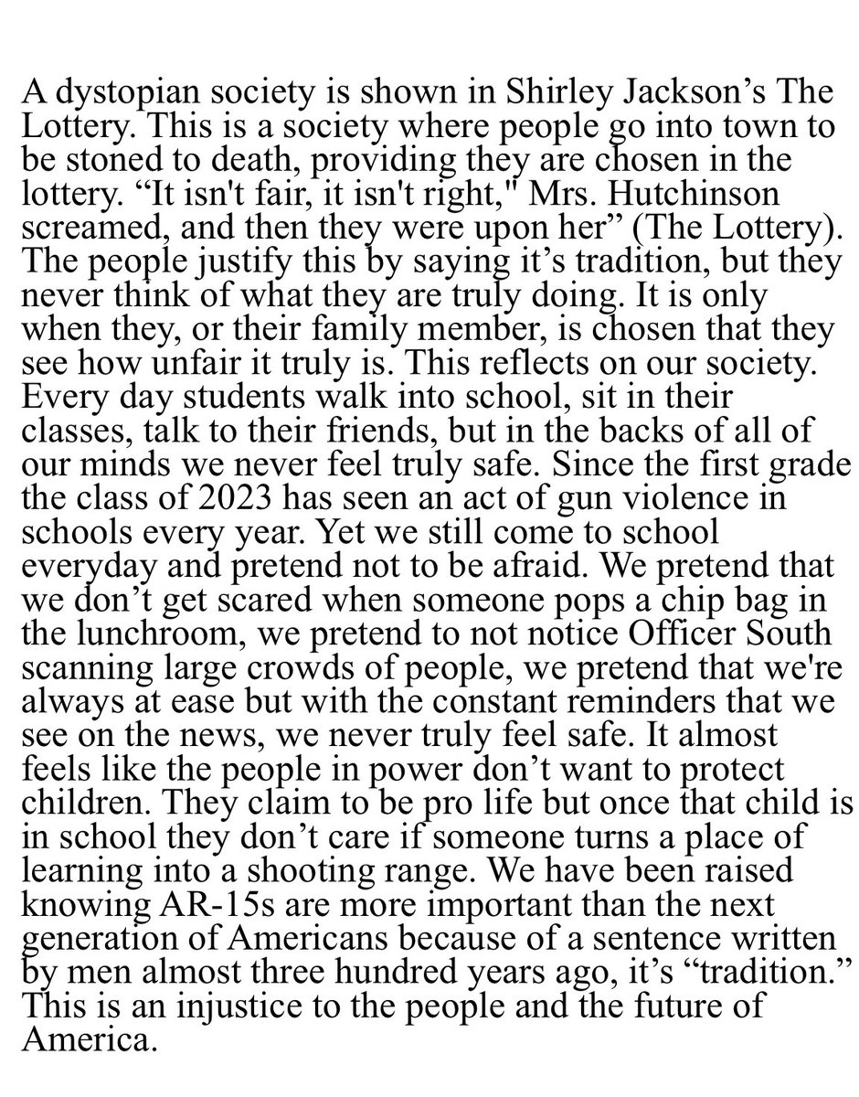 swittgeezil's tweet photo. @shannonrwatts Every time another shooting happens or my daughters have a lockdown drill I go back to this paragraph that my daughter wrote last year for class! It shouldn’t be this way! https://t.co/61WxEucNU7