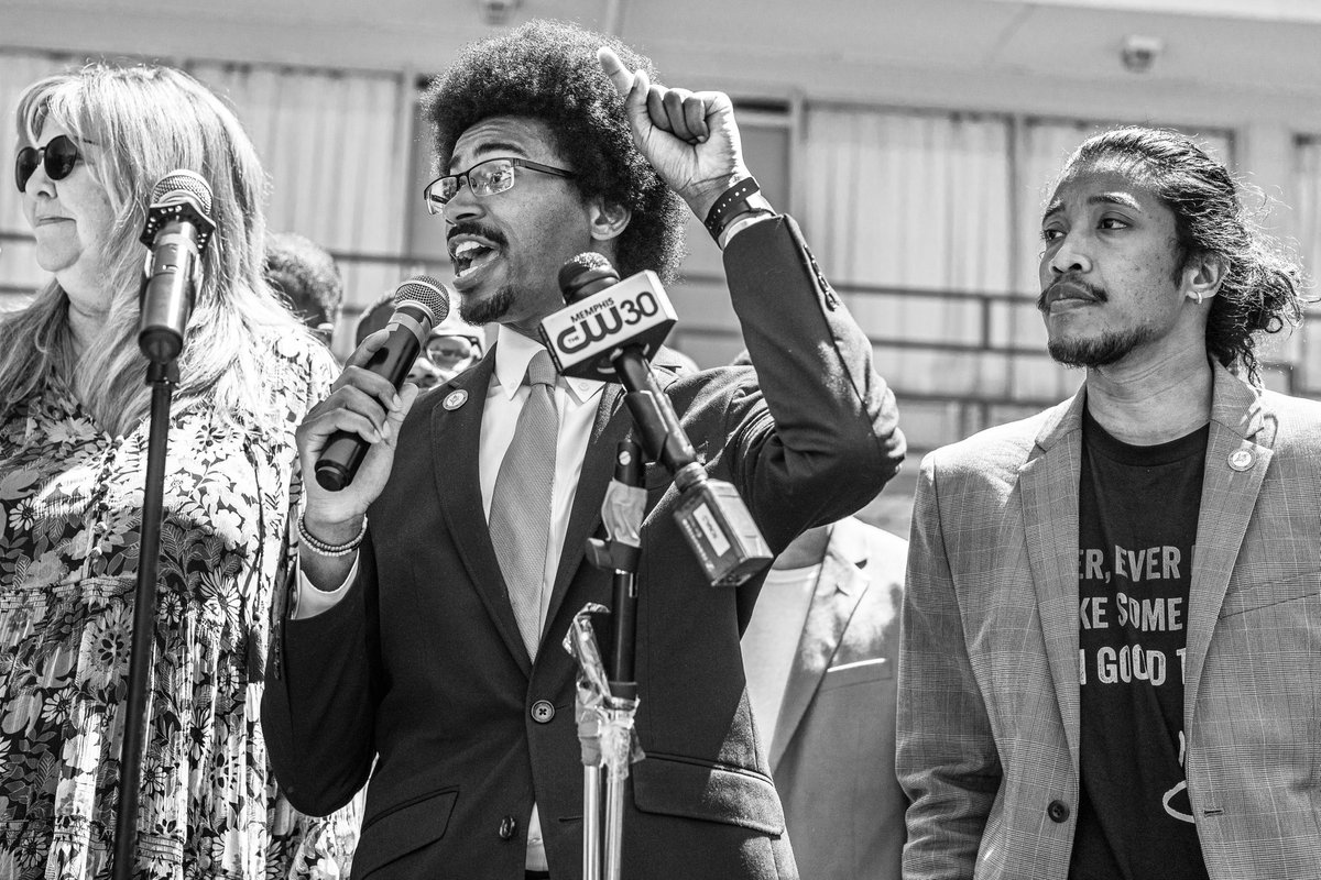 Gloria Johnson, Justin Pearson & Justin Jones, all 3 members of the #TenneseeThree. Speaking outside the Lorraine Motel, where MLK was assassinated in 1968.