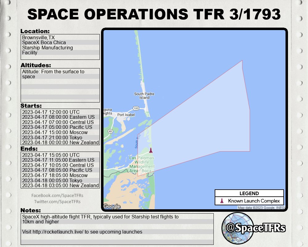 SpaceTfrs's tweet photo. Starship Orbital Flight Test NOTAM

Brownsville, TX (SpaceX Starship Facility) temporary restriction: From April 17, 2023 at 1200 UTC to To April 17, 2023 at 1505 UTC 

Altitude: From the surface to space  

[reposting with fixed airspace] https://t.co/HUjYEPhUxd