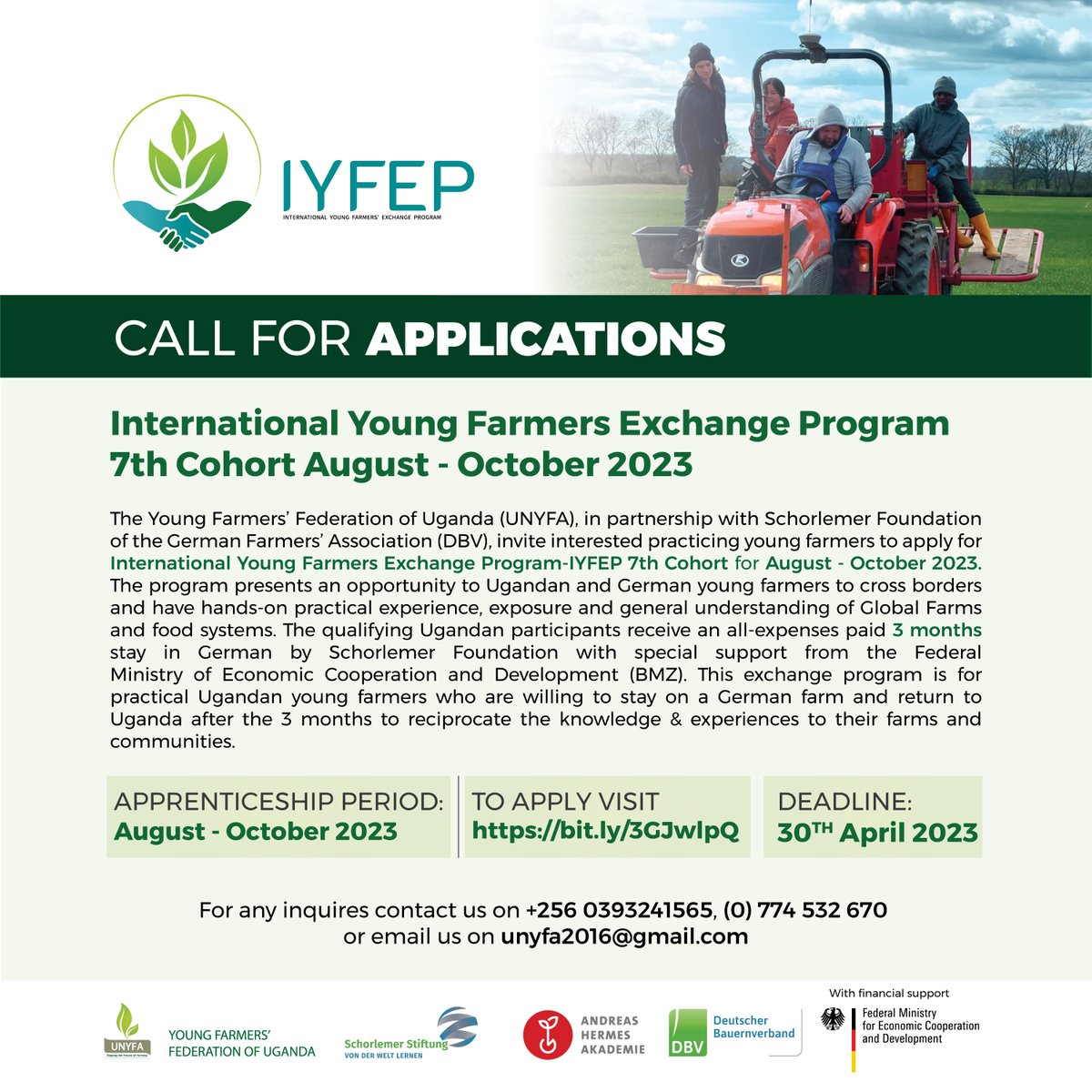 Join the 7th cohort of the International Young Farmers Exchange program and learn from experienced farmers in Germany while sharing your own knowledge of farming practices in Uganda. Apply now and take your farming skills to the next level!
🔗bit.ly/3GJwlpQ  #IYFEP