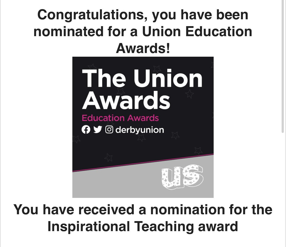 Completely overwhelmed to have received an ‘Inspirational Teaching’ nomination! Thank you to whoever put me forward- a lovely surprise!

@UOD_SONM @UniDerbyNursing @DerbyUnion @DerbyUni