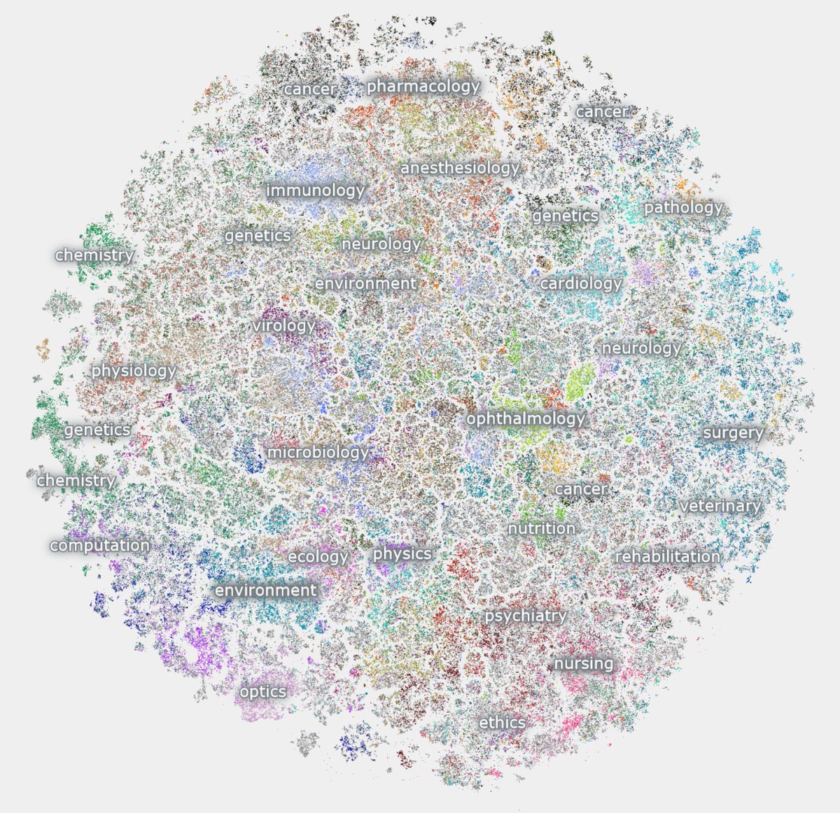 Here's all of biomedical research. 

Each dot is one of 21 million papers, based on connections between their abstracts identified by AI. Scroll for the tour, which is both beautiful &amp; shows the method's ability to answer important questions about science. static.nomic.ai/pubmed.html