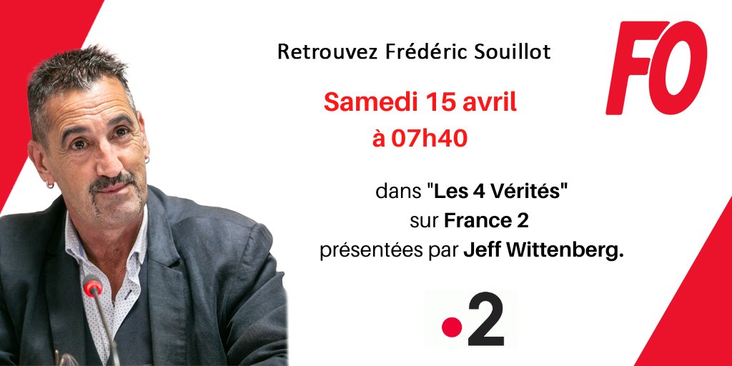 [#Télévision] Frédéric Souillot (<a href="/SouillotFo/">Souillot Frédéric</a>) sera l’invité, demain à 07h40, de #France2 dans « Les 4 Vérités ». ⬇️