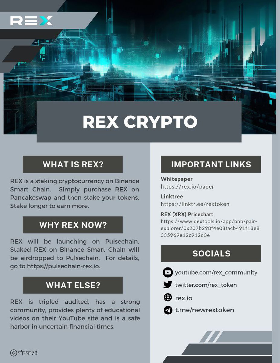 Thomasstjames3's tweet photo. THE #REX PROJECT NEEDS YOU!!! 
We’ve meticulously put the fundamentals in place to ensure a safe, fair and sustainable Staking protocol(triple audited)offering up to 57% APY! But launching in a bear market has slowed our deserved recognition in the space. DYOR @rex_token $XRX https://t.co/meHMydxsNJ