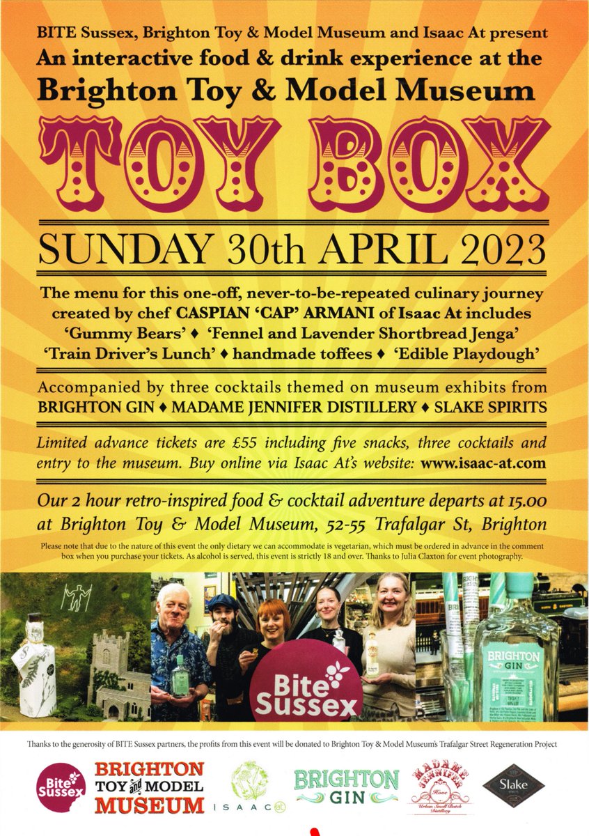 Brighton Toy Museum (@thetoymuseum) on Twitter photo Don't miss this fantastic event with <a href="/BiteSussex/">BiteSussex</a>, <a href="/Isaac_at_/">Isaac At</a> + local distillers <a href="/SlakeSpirits/">Slake</a> <a href="/BrightonGin/">Brighton Gin</a> & Madame Jennifer Distillery. Only 2 weeks until this special event - book your tickets before they sell out: sevn.ly/x6VA4rqi
#VisitBrighton #Toybox #NorthLaine Don't miss this fantastic event with <a href="/BiteSussex/">BiteSussex</a>, <a href="/Isaac_at_/">Isaac At</a> + local distillers <a href="/SlakeSpirits/">Slake</a> <a href="/BrightonGin/">Brighton Gin</a> & Madame Jennifer Distillery. Only 2 weeks until this special event - book your tickets before they sell out: sevn.ly/x6VA4rqi
#VisitBrighton #Toybox #NorthLaine