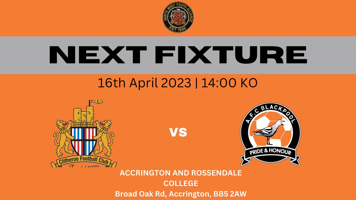 ⚽️ | NEXT UP 
📆 | Sunday 16th April 2023
🆚️ | <a href="/ClitheroeFCU18/">Clitheroe FC U18’s</a>
🕢 | 14:00
🏆 | <a href="/NORTHWESTYOUTH2/">NORTH WEST YOUTH ALLIANCE</a> - Division 1
📍 | Broad Oak Rd, Accrington, BB5 2AW
🧡 | #upthemechs