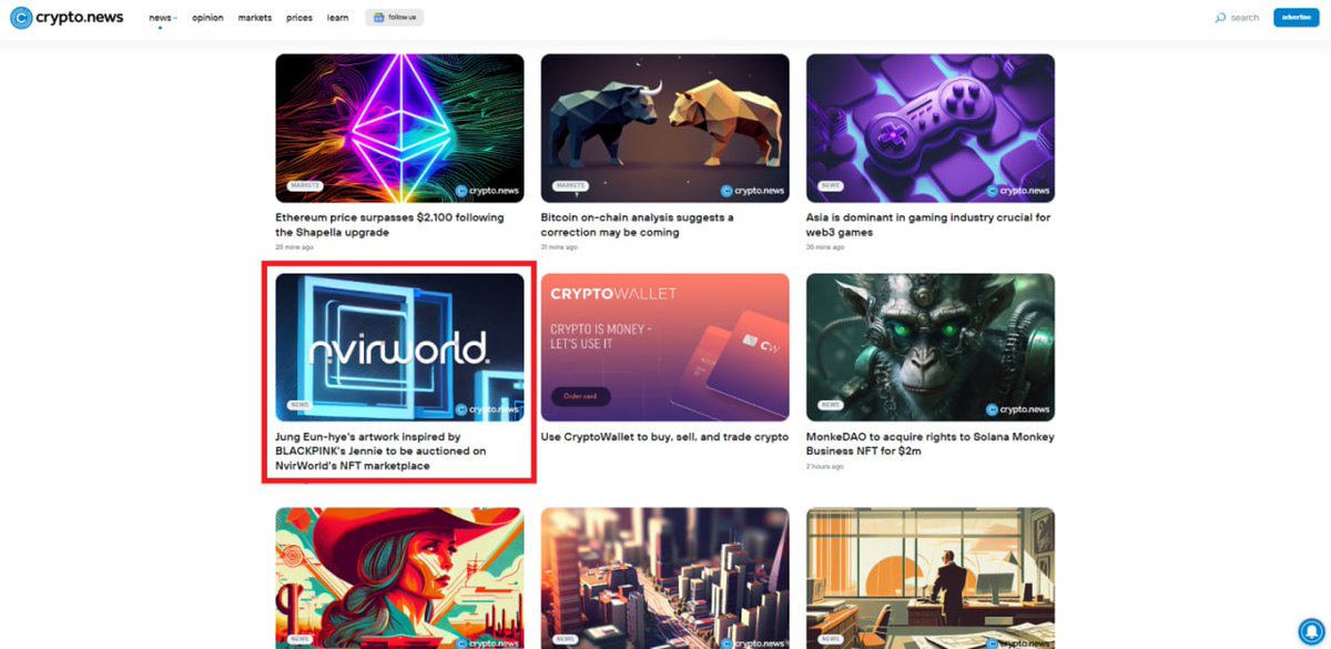 NvirWorld's tweet photo. 📣#NvirWorld has been introduced on the main page of the famous overseas #crypto specialized media "@itscrypto_news)".

#JungEunHye’s artwork inspired by #BLACKPINK’s #Jennie to be #auctioned on NvirWorld’s #NFT marketplace

https://t.co/yrNxrJlPlt

#BLUEROSE #Donation #Campaign https://t.co/W01Plgatj7