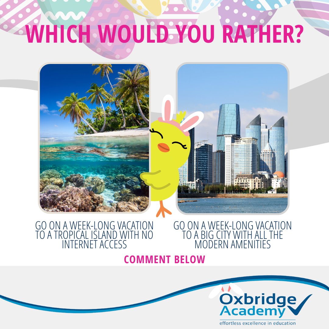 OxbridgeEdu's tweet photo. #RandomFriday:
Would you rather go on a week-long vacation to a tropical island with no internet access or go on a week-long vacation to a big city with all the modern amenities?
#randomquestions #friday #friday #vibes #tgif #weekendvibes #happyfriday #wouldyourather https://t.co/f2qS6mB4rG