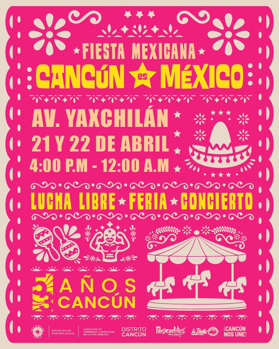 La #AvenidaYaxchilan forma parte de nuestra historia y será sede  de una gran FIESTA MEXICANA para toda la familia el próximo 21 y 22 de abril con Juegos de feria, lucha libre y conciertos. 

#Cancun53Años
#ZOFU
#CancunNosUne