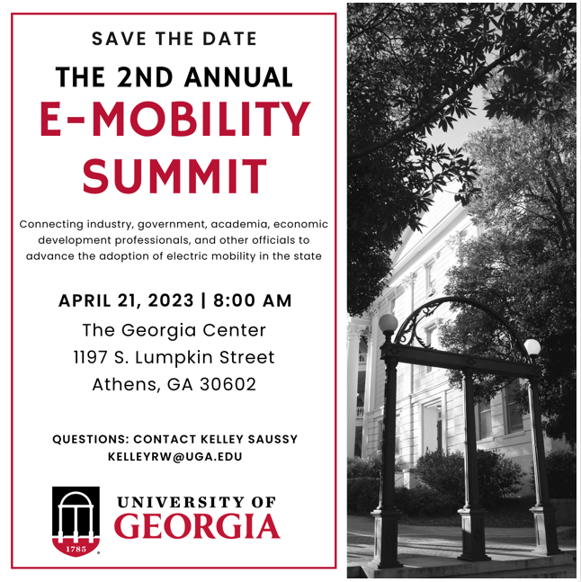 Don’t miss UGA’s 2nd Annual Electric Mobility Summit, hosted by the <a href="/CVIOG_UGA/">UGA Vinson Institute</a>,  @UGA_Engineering and the <a href="/UGA_SPIA/">School of Public & International Affairs | UGA</a> on April 21. The meeting will focus on advancing electric mobility in the state, the educational programs needed to support the growth...(more)