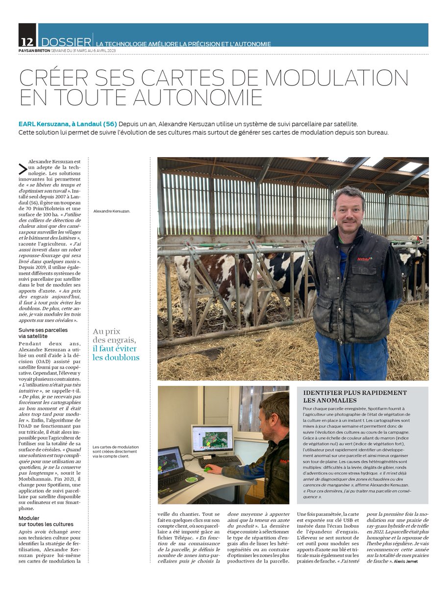 Spotifarm 🛰🌾📲🚜 (@spotifarm) on Twitter photo Un grand merci à Alexandre K pour son témoignage dans le @PaysanBzh_Hebdo  ! Il explique comment Spotifarm lui permet d'optimiser son travail et de gagner du temps. Un grand merci à Alexandre K pour son témoignage dans le @PaysanBzh_Hebdo  ! Il explique comment Spotifarm lui permet d'optimiser son travail et de gagner du temps.