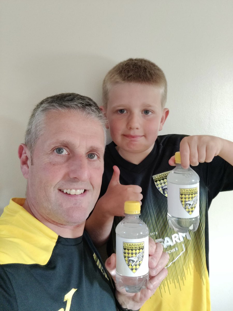 Stanway Pegasus FC (@stanwaypegasus) on Twitter photo Club bottled water has arrived for the summer. 
Here’s our U9 Manager and Head of Merchandise Carl and son Ethan testing it out!
#UTSP 🟡⚫️ Club bottled water has arrived for the summer. 
Here’s our U9 Manager and Head of Merchandise Carl and son Ethan testing it out!
#UTSP 🟡⚫️